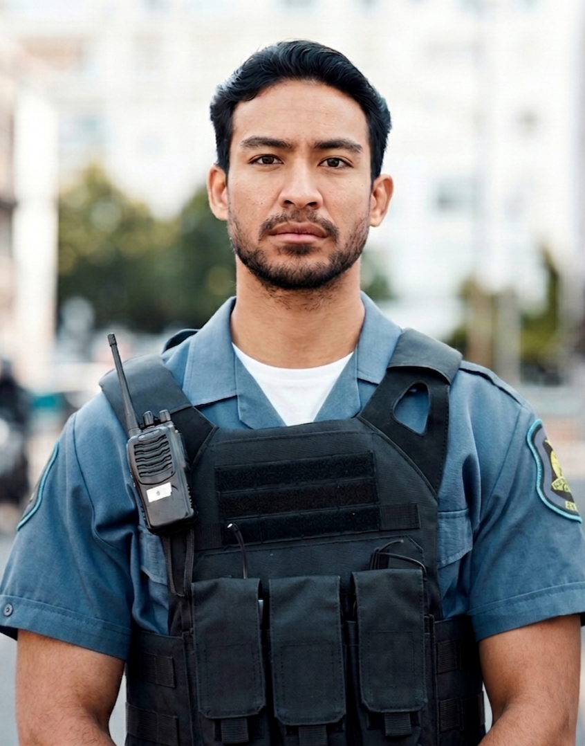 A GCI Security guard on patrol inside a Clayton, MO commercial property.